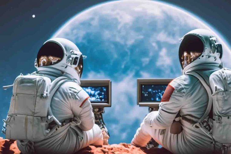 due astronauti guardano la terra dallo spazio in una tv
