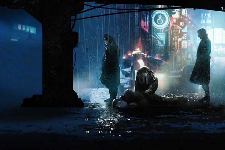 Due poliziotti chini su un cadavere di notte sotto la pioggia