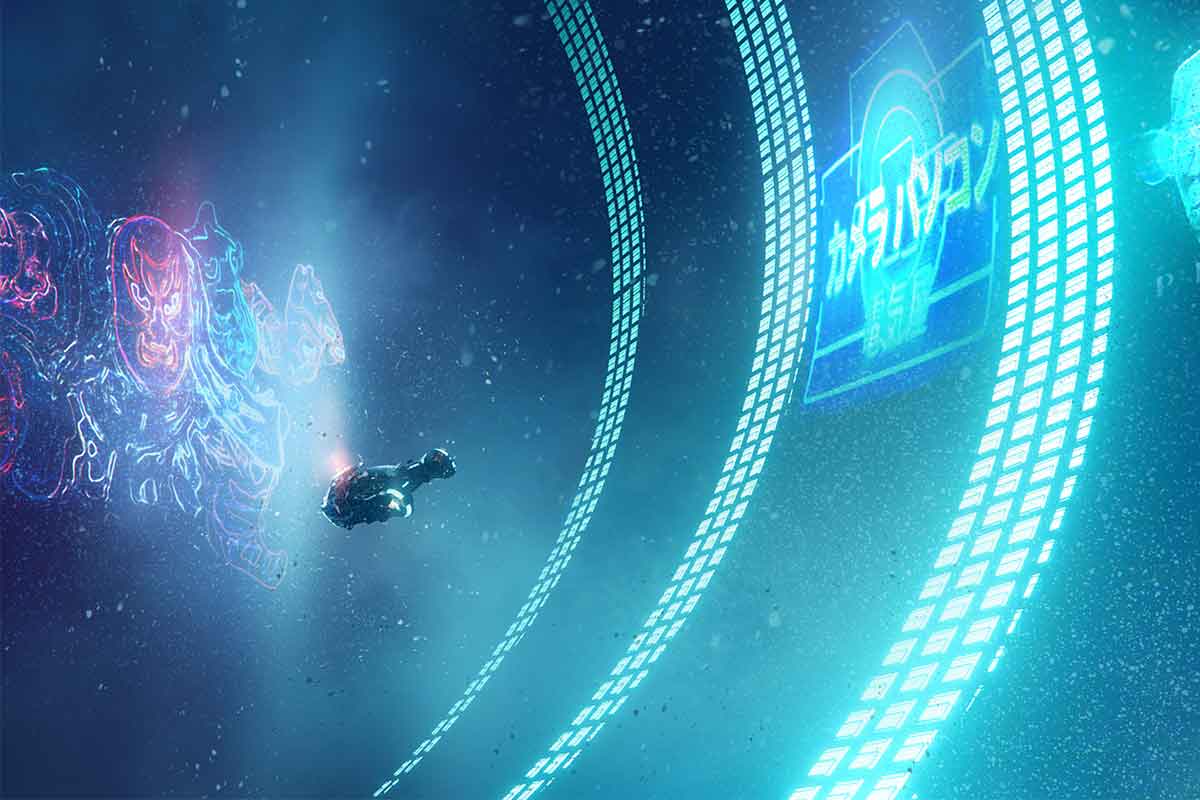 Un auto volante sfreccia nei cieli illuminati dai led pubblicitari azzurri