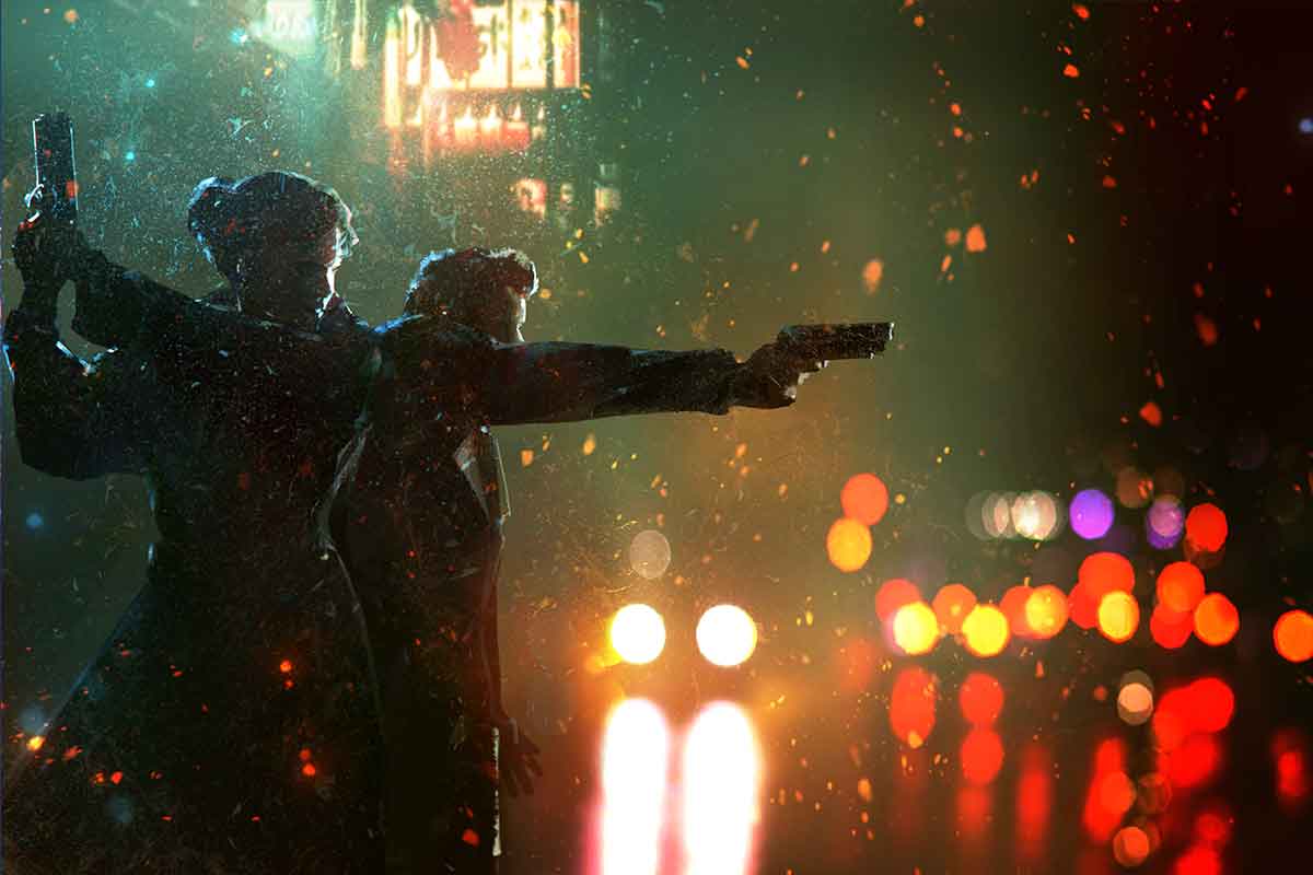 Due blade runner sulla sinistra con le armi spianate, illuminati in penombra dalle luci della strada