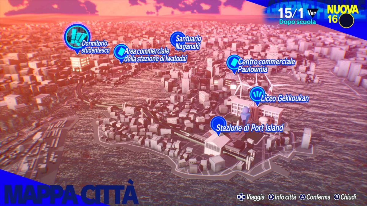 La mappa della città di Persona 3.Ci sono: dormitorio studentesco, area commerciale della stazione di Iwatodai, il santuario Naganaki, il centro Commerciale Paulownai, il Liceo Gekkoukan e la stazione di port island.