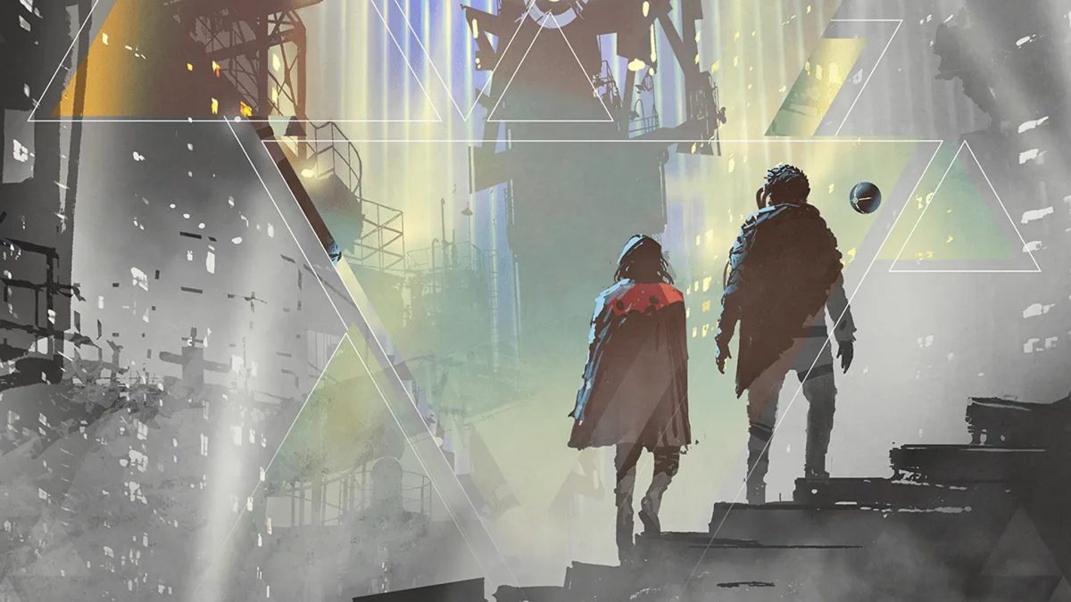 Illustrazione di PRISM dove due persone di spalle osservano un panorama fantascientifico e devastato