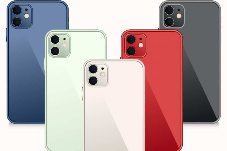 cinque iphone con cover di colori differenti