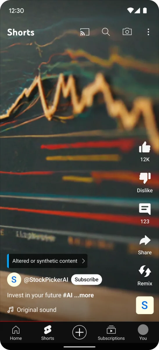 Un'etichetta segnala la presenza di contenuto AI-generated allo spettatore di uno Short
