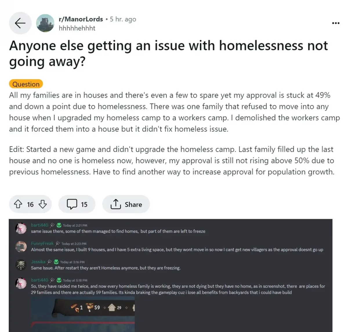 Molti utenti segnalano il problema dei senzatetto in Manor Lords [credit: Kotaku]