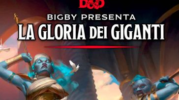 Giganti delle nuvole preparano i loro colpi per colpire Bigby. Il testo presente il titolo "Bigby Presenta La Gloria dei Giganti"