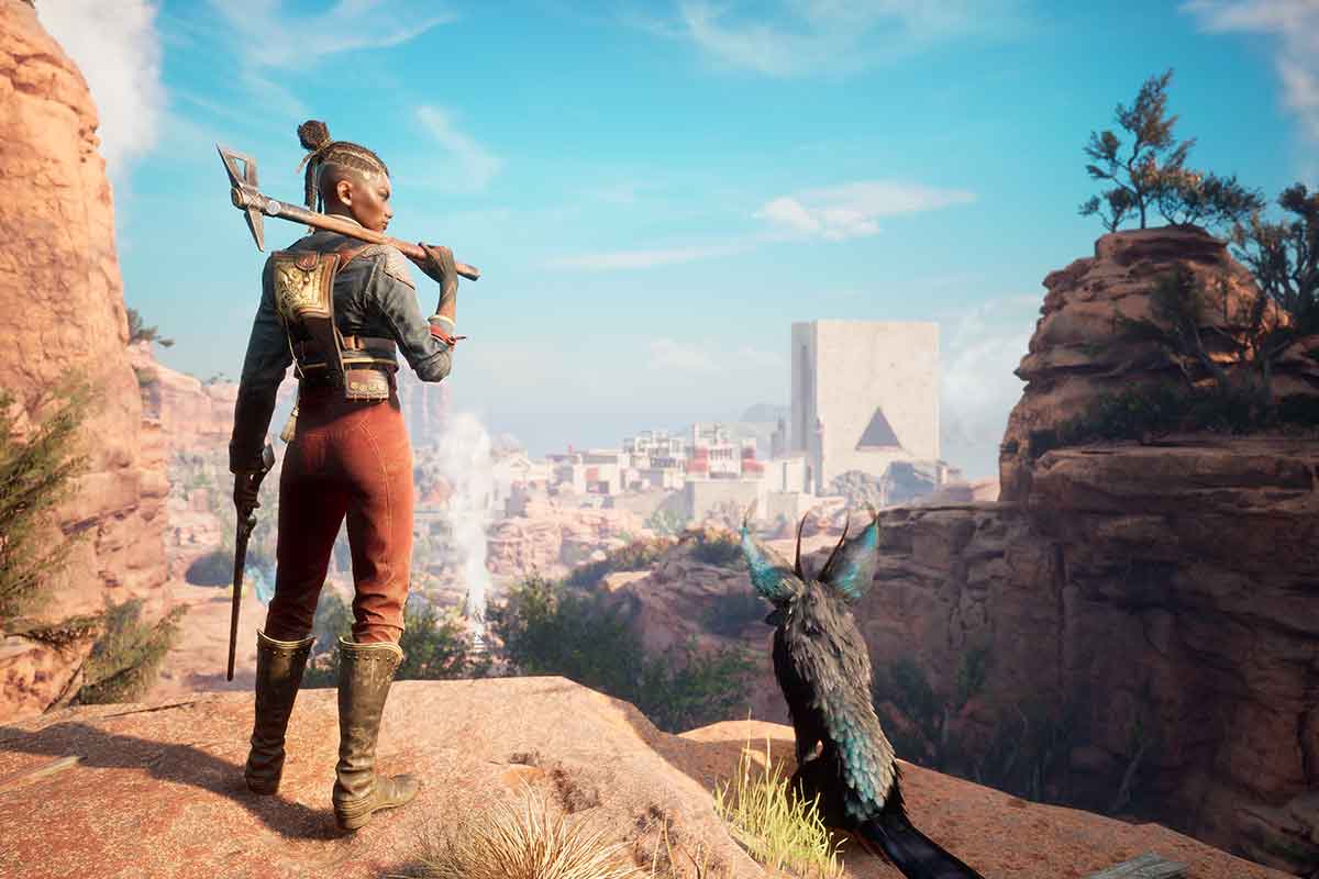 Nor ed Enki su una roccia che da su una città enorme con edifici di Arenaria