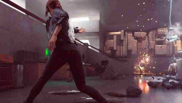 Jesse Faden, protagonista di Control, che utilizza i suoi poteri in una fase di gioco