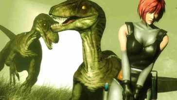 Immagine del gioco Dino Crisis con la protagonista in primo piano e due dinosauri sullo sfondo