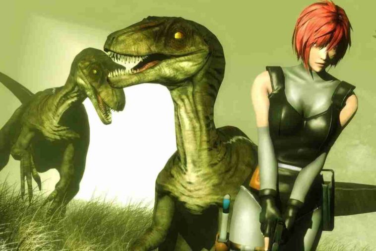 Immagine del gioco Dino Crisis con la protagonista in primo piano e due dinosauri sullo sfondo