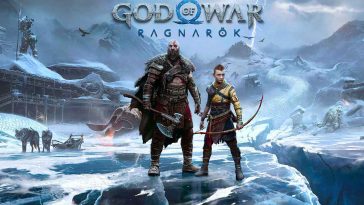 Kratos e Atreus in piedi su una lastra di ghiaccio, la copertina di God of War Ragnarok