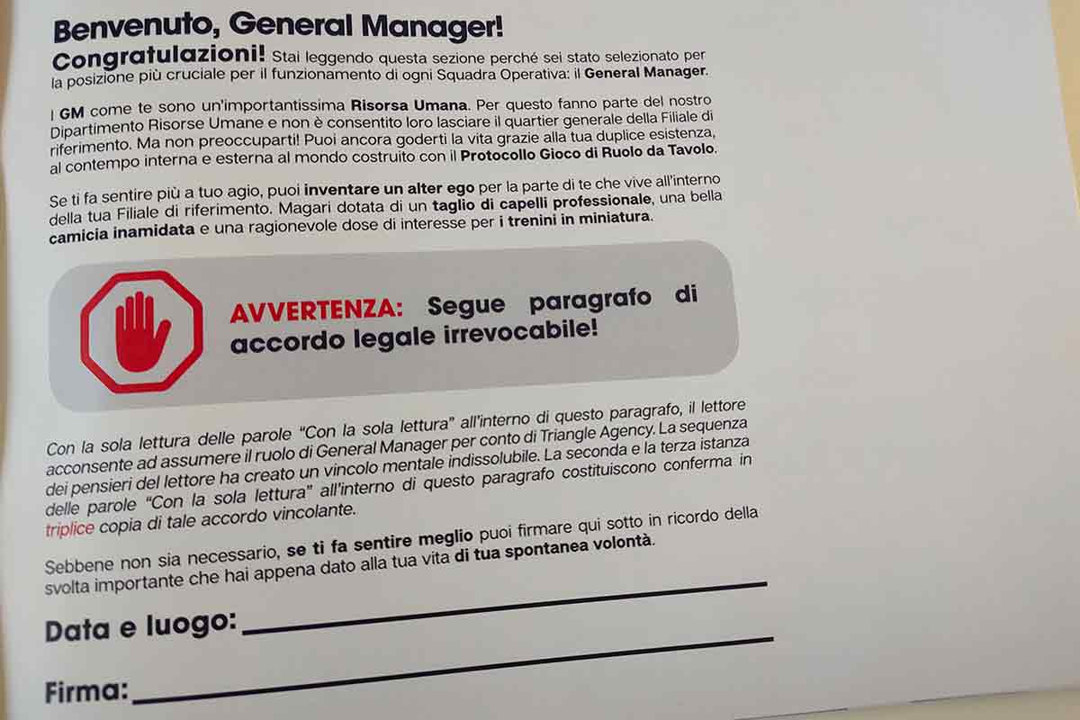 Una pagina di un manuale rivolta al game master, scrittà a mò di contratto, con tanto di data luogo e firma