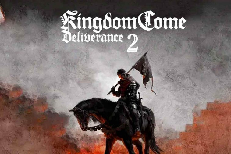 Una figura a cavallo con uno stendardo sulle spalle su sfondo grigio