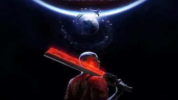 key art del gioco Intergalactic con logo del gioco, sfondo che richiama lo spazio con un pianeta in lontananza e la protagonista in primo piano di spalle con la spada