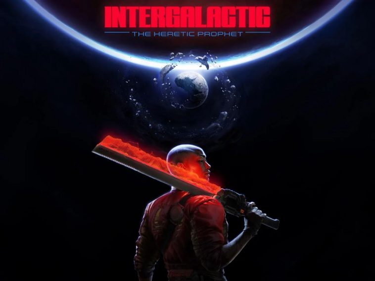 key art del gioco Intergalactic con logo del gioco, sfondo che richiama lo spazio con un pianeta in lontananza e la protagonista in primo piano di spalle con la spada