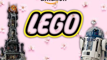 logo Amazon sopra logo LEGO su sfondo floreale rosa e due modellini dedicati a Torre Sauron e R2-D2