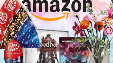 Amazon offerte di primavera sfondo floreale con uova di pasqua kitkat, guida del dungeon master, gioco da tavolo bloodborne e fiori LEGO