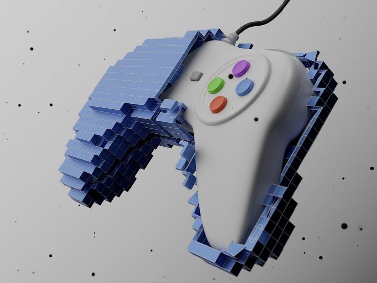 controller generico rivestito di una copertura che richiama i pixel di un videogioco