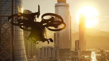 drone che sorvola la città di MindsEye
