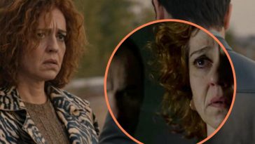 Imma Tataranni con il maresciallo Caligiuri. E in evidenza il primo piano di Imma sconvolta