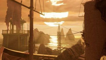 scorcio del remake di Myst del 2021, barca al tramonto