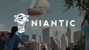 Logo di Niantic su uno sfondo con una città e delle persone che guardano una nave volare attaccata a una mongolfiera