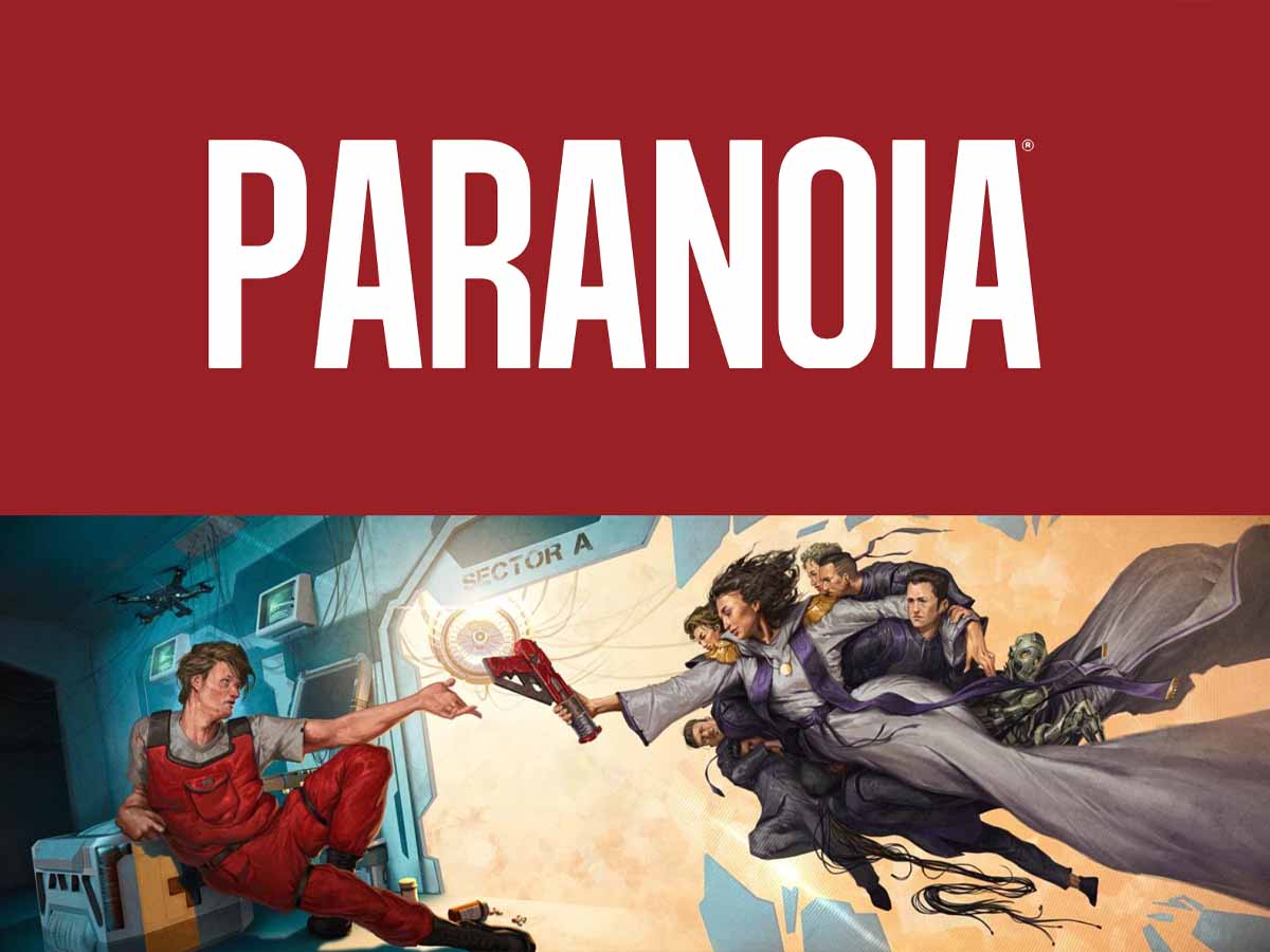 Grande scritta "PARANOIA" che torreggia su un dipinto parodistico de "La Creazione di Adamo" di Michelangelo, dove una donna circondata da agenti di società segrete allunga una mano per dare una pistola laser a un manovale in tuta rossa accasciato su una cassa.
