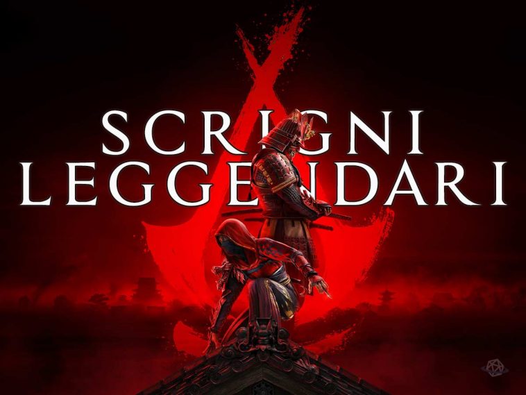 key art di AC Shadows con i protagonisti, sfondo rosso e scritta "scrigni leggendari"