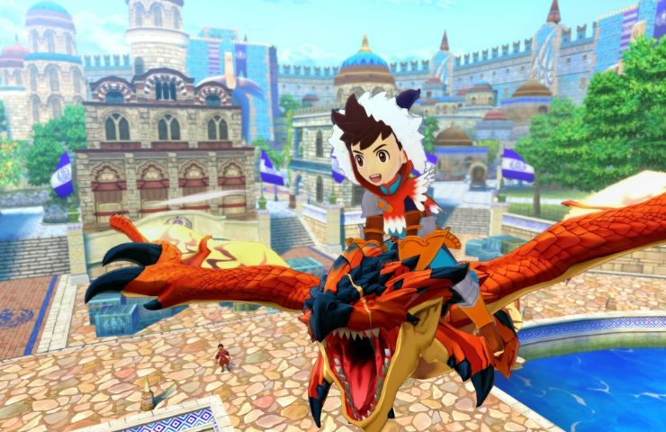 screenshot di Monster Hunter Stories dove il personaggio sta cavalcando un mostro alato su una città