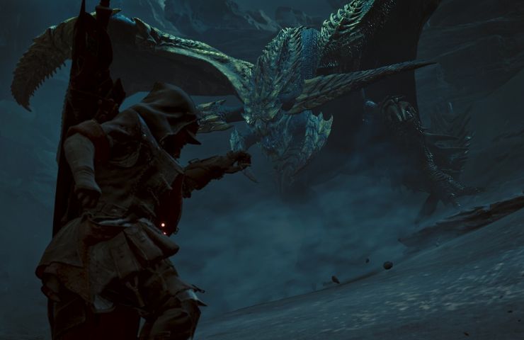 screenshot di Monster Hunter Wilds dove il cacciatore sta per affrontare un drago in una tana