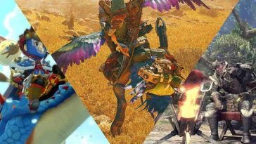 collage con tre screenshot di giochi di monster hunter: monster hunter stories, monster hunter wilds e monster hunter world