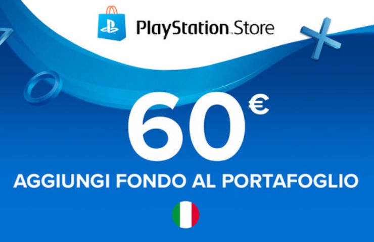 infografica shop card PlayStation Store dal valore di 60€ con scritta "aggiungi fondo al portafoglio" e bandiera italiana
