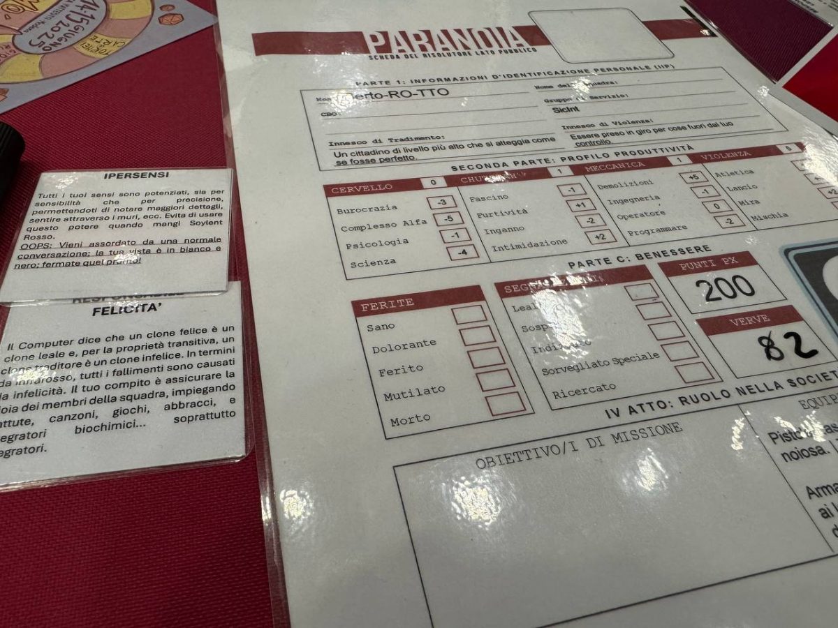 Scheda del personaggio del gdr Paranoia sul tavolo del PLAY 2025