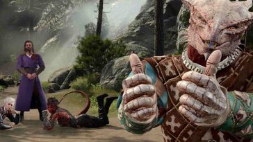 Dragonide in posa per foto con due pollici alzati, alle spalle un personaggio in piedi a braccia conserte e due personaggi sdraiati sotto di lui