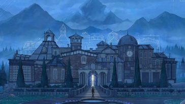 key art di Blue Prince con la villa vista da lontano e sfondo blu