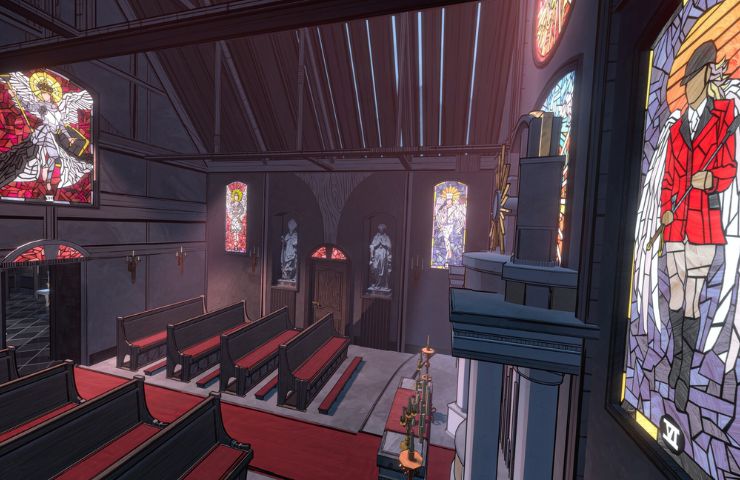 screenshot di Blue Prince dove si vede la parte interna di una chiesa dall'alto