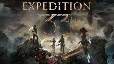 personaggio volante, personaggio con falce, due personaggio messi più avanti, tutti di spalle su una montagna, davant la scritta Clair Obscur Expedition 33