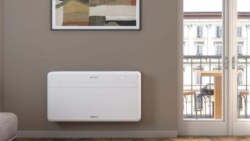 Climatizzatore a parete posto in una stanza con finestra, sotto a un quadro espressionista