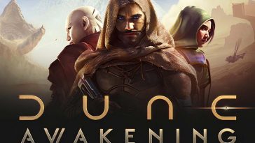 Dune Awakening: copertina del gioco con 3 personaggi in primo piano, sullo sfondo del pianeta Arrakis
