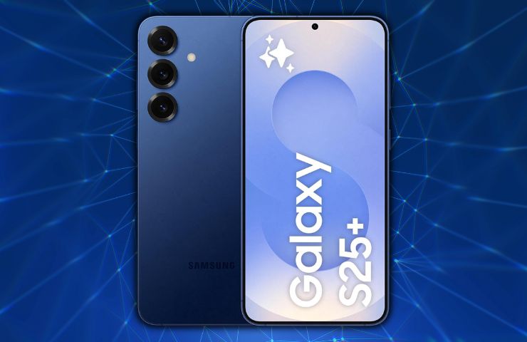 Samsung Galaxy S25+ su sfondo blu con dettagli luminosi bianchi
