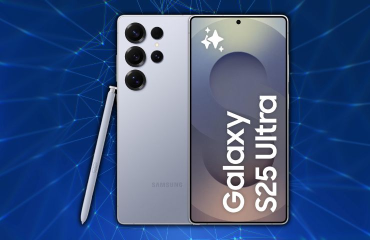 Samsung Galaxy S25 Ultra su sfondo blu con dettagli luminosi bianchi