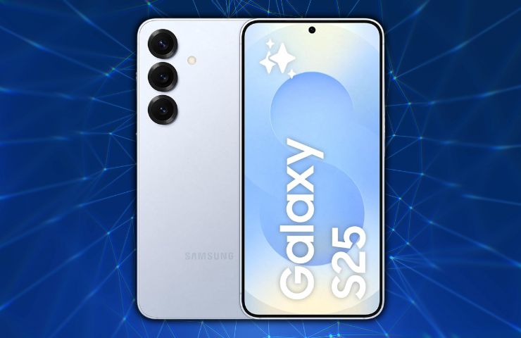 Samsung Galaxy S25 su sfondo blu con dettagli luminosi bianchi