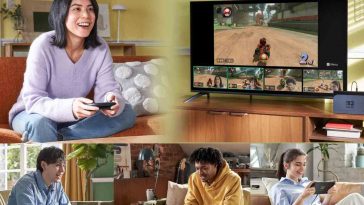 panoramica della gamechat di Nintendo Switch 2 con 4 persone che giocano a distanza e condividono lo schermo su Mario Kart World