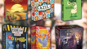 6 giochi da tavolo in due file da 3 (sopra: catan, azul, drama lama; sotto: escape room, piccioni esplosivi, le case della follia)
