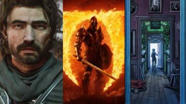 a sinistra gustave di Expedition 33, al centro cavaliere con spada e scudo di oblivion, a destra porta blu con persona in lontananza