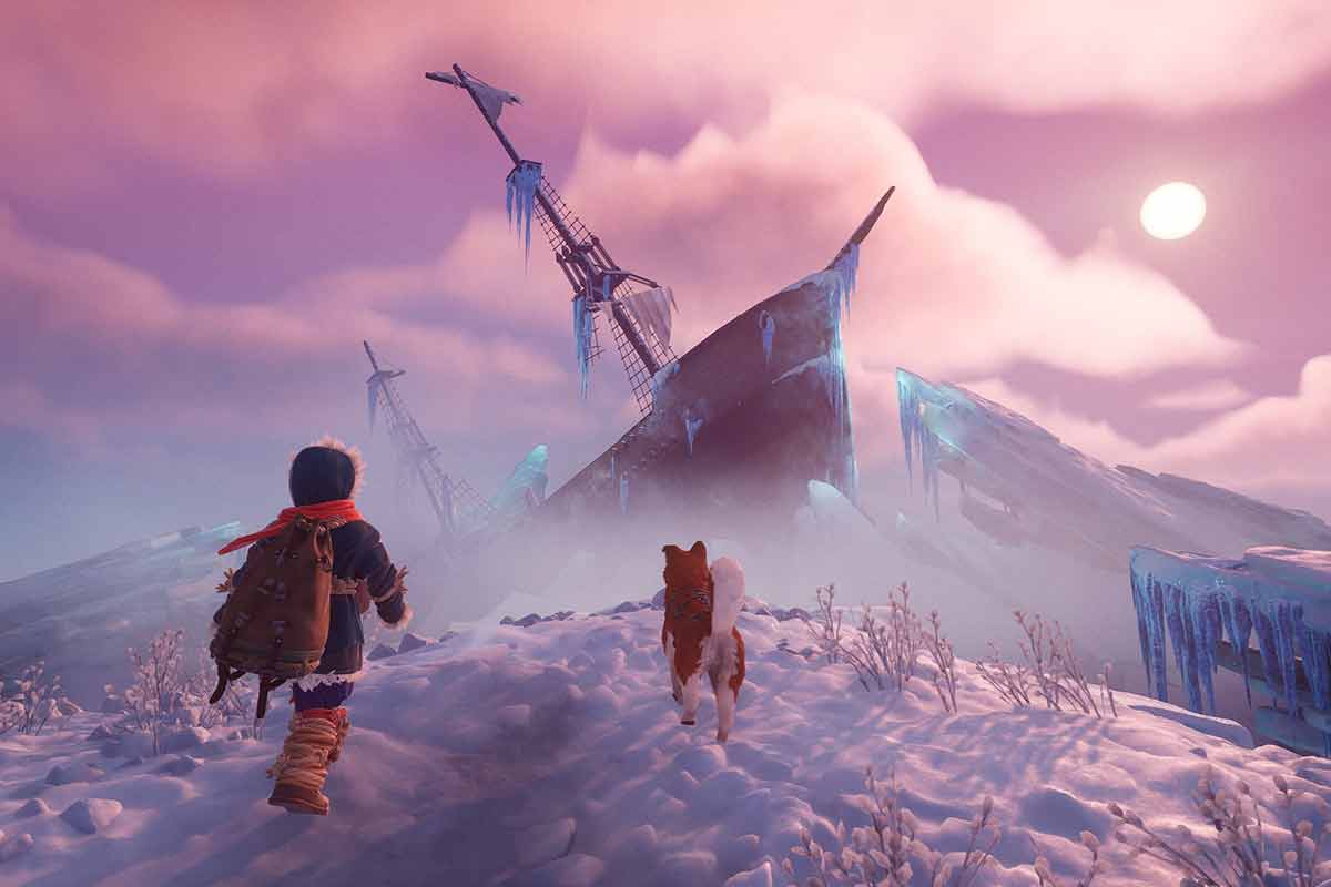 bambino e husky camminano su un ghiacciaio