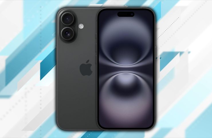 iphone 16 nero fronte e retro su sfondo colorato
