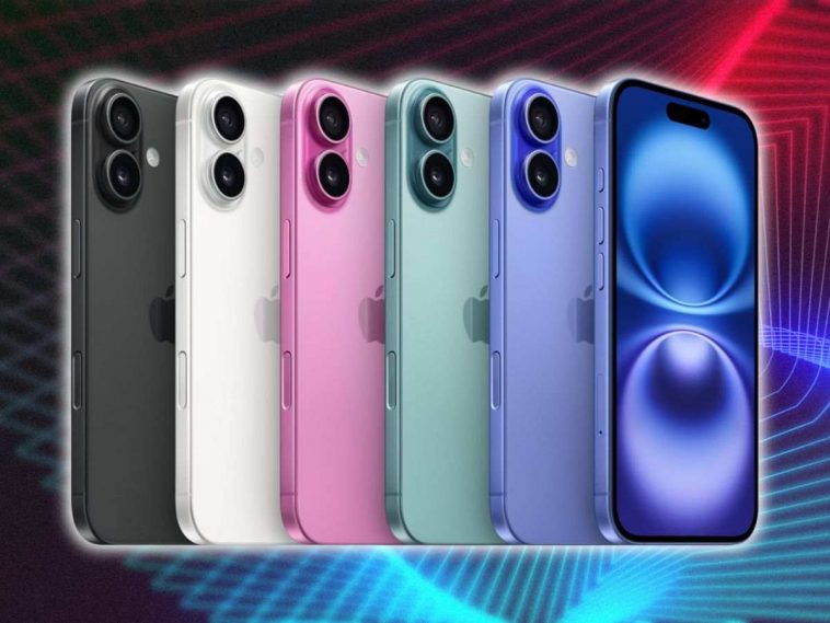 iPhone 16 in tutte le colorazioni su sfondo colorato