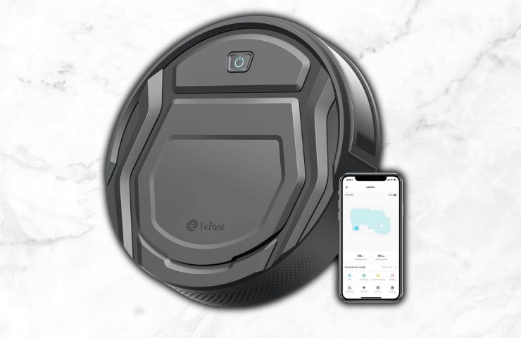 Lefant aspirapolvere con smartphone su sfondo marmoreo
