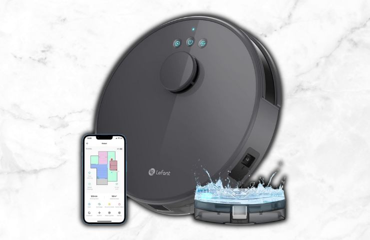 robot aspirapolvere Lefant M1 con smartphone su sfondo marmoreo